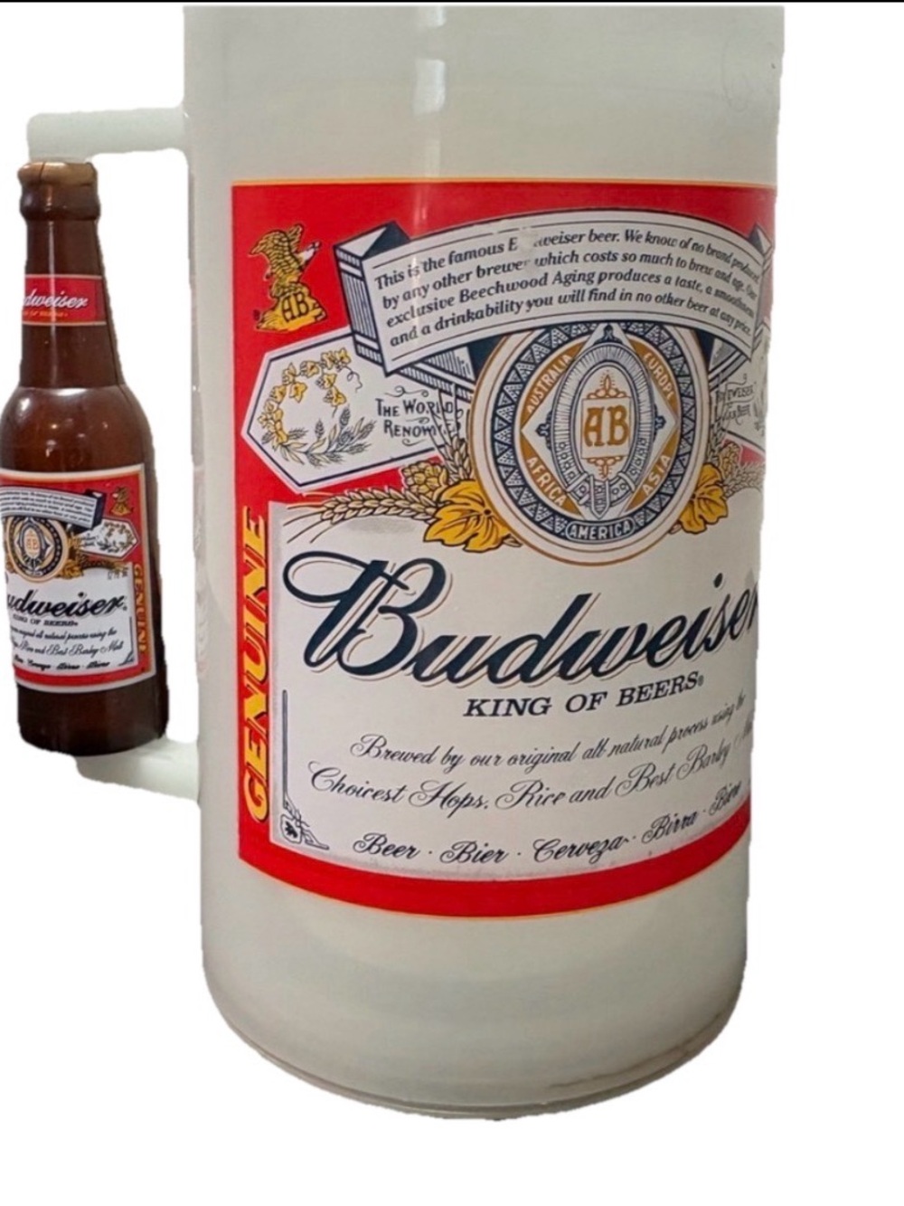 Budweiser Mug Stein Red Label with Beer Bottle Handle